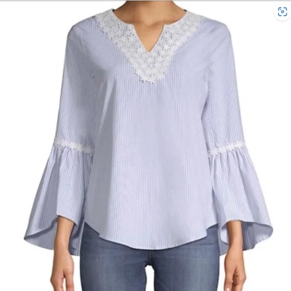 Spense Stripes Boho Cottagecore Coastal Bell Sleeves Shirt - Picture 1 of 6